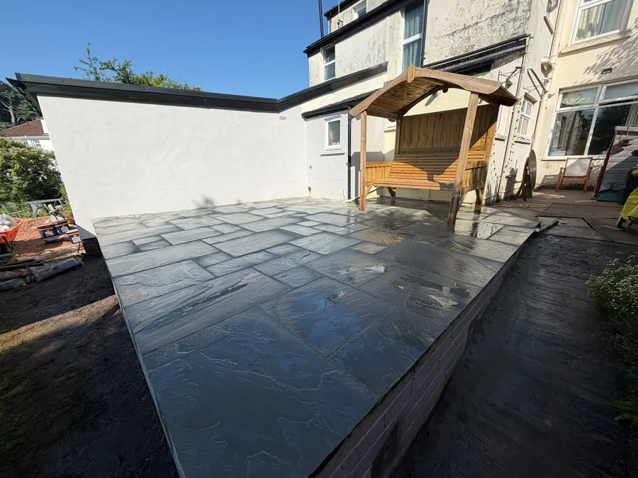 Indian sandstone patio with arbour laid by Smiths & Co in Coleford